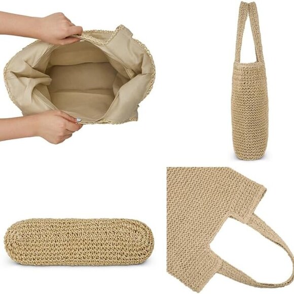 Straw Beach Tote Bag Large Summer Boho Woven Rattan Shoulder Handbag - Picture 4 of 6